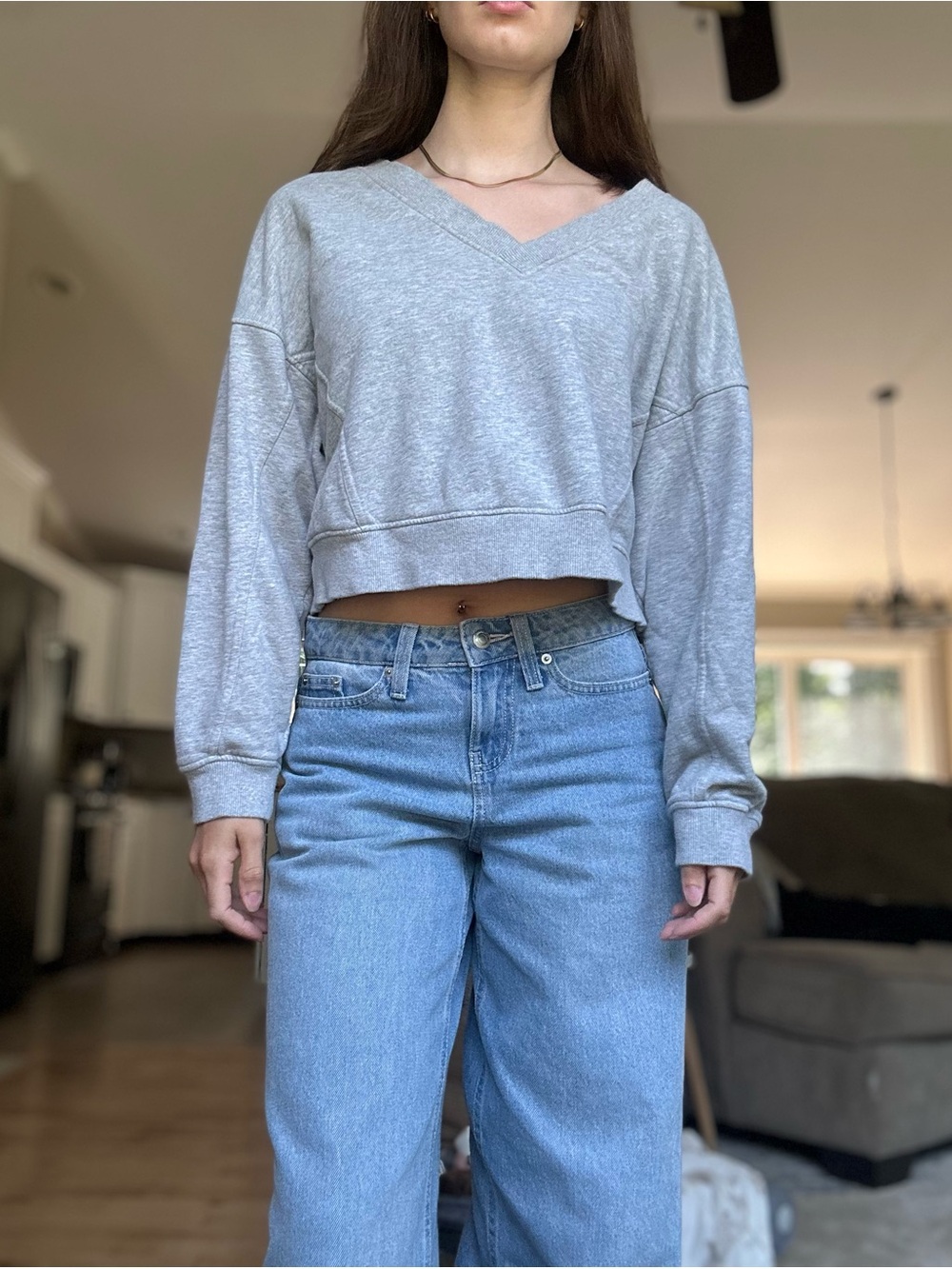 Cropped Heather Gray V-Neck Sweatshirt